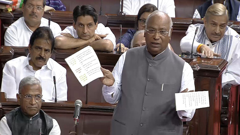 Leader of Opposition in Rajya Sabha Mallikarjun Kharge speaking in Rajya Sabha during the special session of Parliament, in New Delhi on Monday. (UNI)
