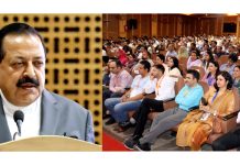 Union Minister Dr Jitendra Singh addressing a National Conference organized by the National Board of Examinations in Medical Sciences at Srinagar on Saturday. —Excelsior /Shakeel
