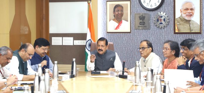 Union Minister Dr. Jitendra Singh holding monthly joint meeting of Union Secretaries of all the Science Ministries and Departments, at Science Centre, New Delhi on Friday.