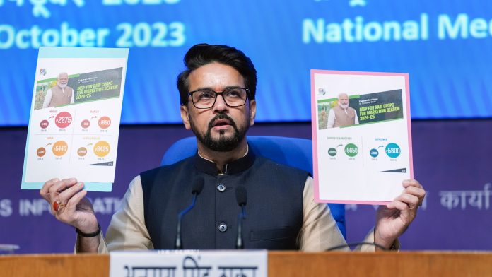 Union Minister Anurag Thakur addresses the media during cabinet briefing, in New Delhi