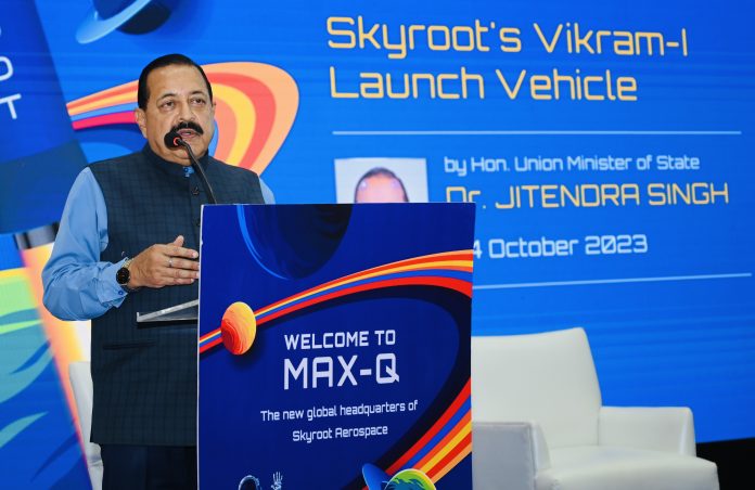 Union Minister Dr. Jitendra Singh speaking after visiting the new global headquarters of Skyroot Aerospace, a leading Space StartUp, at Hyderabad on Tuesday.