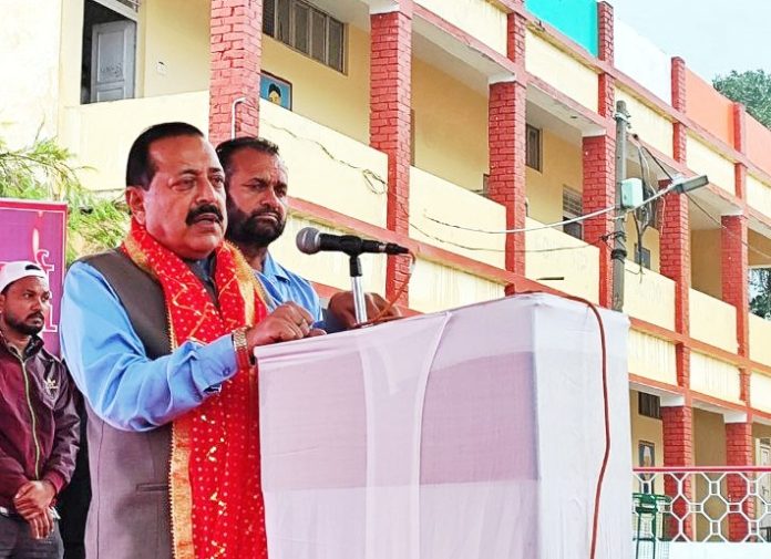 Union Minister Dr. Jitendra Singh speaking after inaugurating the Navratri festival and Multimedia Exhibition organised by Central Bureau of Communication at Katra on Monday.