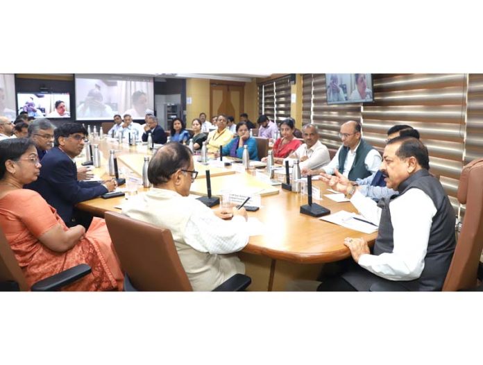 Union Minister Dr Jitendra Singh holding monthly joint meeting of Union Secretaries of all the Science Ministries and Departments, at Science Centre, New Delhi on Friday.