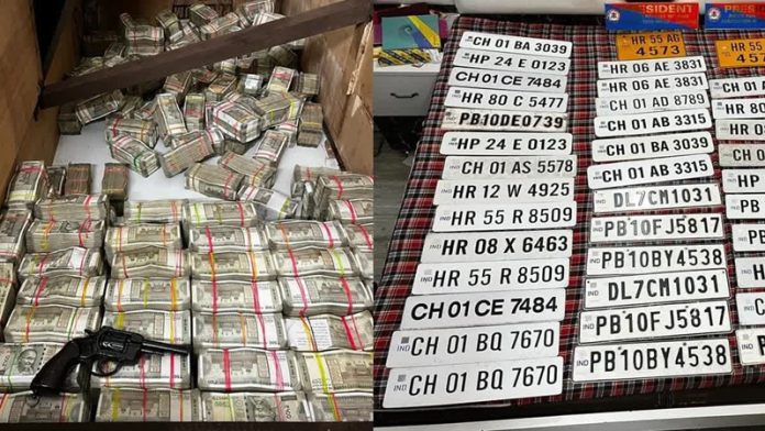 Cash and fake number plates recovered at Mullanpur Dakha in Punjab.