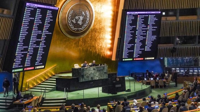 Results are displayed as the U.N. General Assembly voted for a non-binding resolution calling for a “humanitarian truce” in Gaza and a cessation of hostilities between Israel and Hamas at U.N. headquarters.