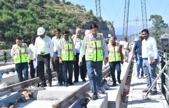 Shobhan Chaudhuri, General Manager, Northern Railway inspecting the railway projects in Jammu on Friday.