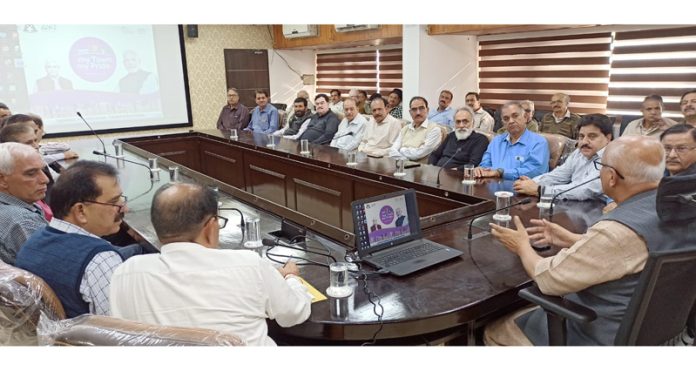 Mayor Jammu Rajinder Sharma during a meeting with senior citizens of Roop Nagar Club at his office on Thursday.