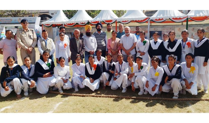Students along with others posing for a group photograph after performing in programmes organised by CBC in Katra on Thursday.
