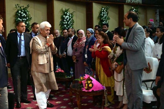 LG Manoj Sinha with other dignitaries during a motivational event in Srinagar on Thursday.