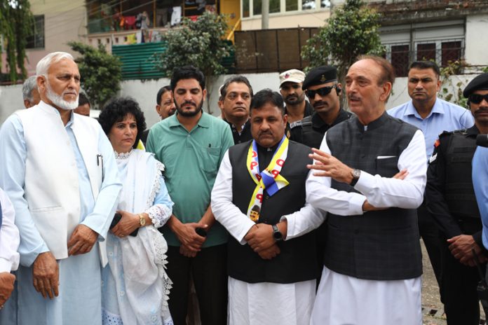 Ghulam Nabi Azad interacting with a delegation at his residence in Jammu on Saturday.