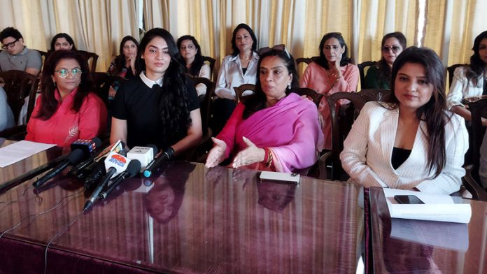 Founder and Director of 'The Runway Diaries' Ritu Singh addressing a press conference in Jammu on Saturday.