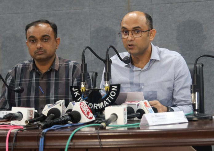 Secretary H&M Edu Deptt Bhupinder Kumar, flanked by Div Com Ramesh Kumar, addressing media persons in Jammu on Saturday.