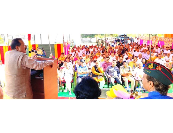 Union MoS in PMO Dr Jitendra Singh addressing a function at Samba on Friday.