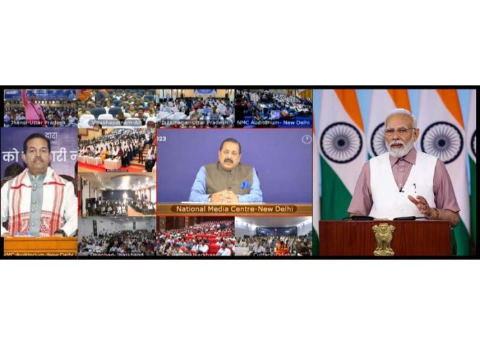 PM Narendra Modi addressing Rozgar Mela virtually from New Delhi. Union MoS in PMO Dr Jitendra Singh coordinating the programme while MoS for Cooperation B L Verma addressing the function in Jammu.