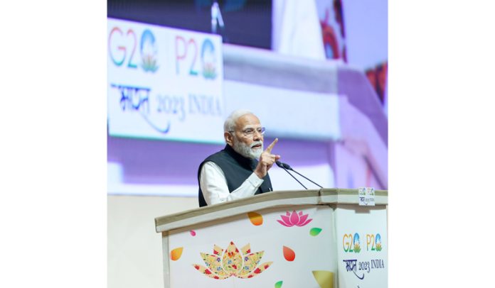 Prime Minister Narendra Modi addressing at the inauguration of the 9th G20 Parliamentary Speakers' Summit (P20) at Yashobhoomi in New Delhi on Friday.(UNI)