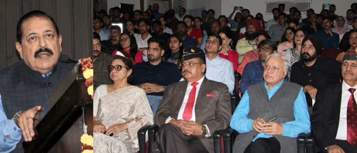 Union Minister Dr Jitendra Singh delivering lecture in University of Jammu on Monday. —Excelsior/Rakesh