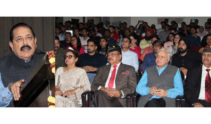 Union Minister Dr Jitendra Singh delivering lecture in University of Jammu on Monday. —Excelsior/Rakesh