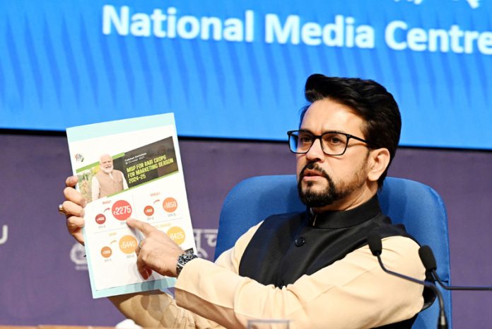 Union Minister for Information and Broadcasting, Youth Affairs and Sports, Anurag Thakur briefing the media on Cabinet decisions in New Delhi on Wednesday. (UNI)
