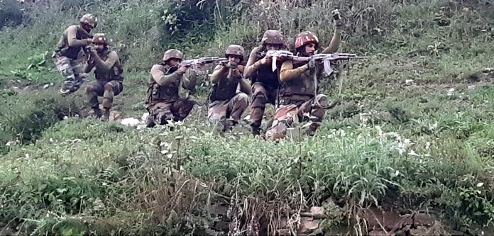 Army personnel during searches at Broh, Kalakote on Monday. — Excelsior/Imran