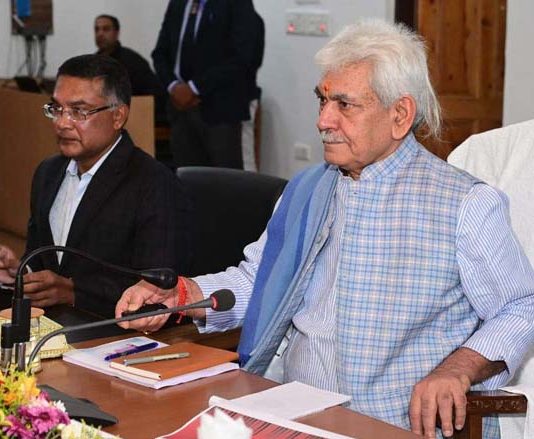 LG Manoj Sinha inaugurating, laying foundation stone of projects in Anantnag on Monday.