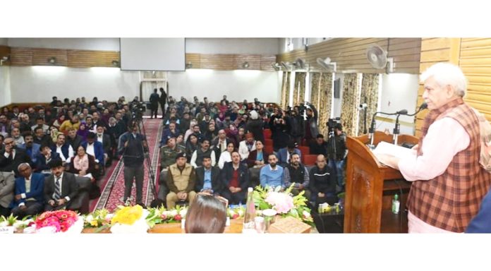 LG Manoj Sinha addressing Round Table Conference of newly appointed VCs in Srinagar on Tuesday.