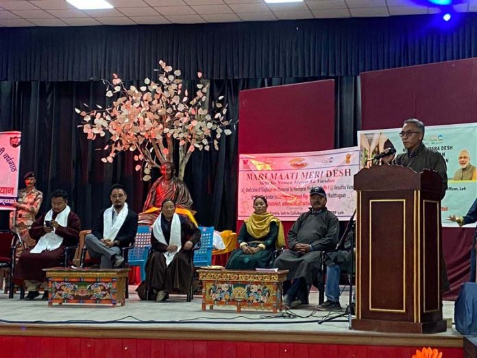 A dignitary speaking during an event organised as part of the Amrit Kalash Yatra’s second phase program in Leh on Thursday.