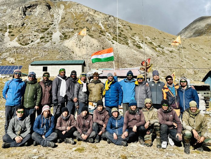 National Institute of Mountaineering and Adventure Sports (NIMAS) team led by Colonel Ranveer Singh Jamwal posing for photograph during an expedition.