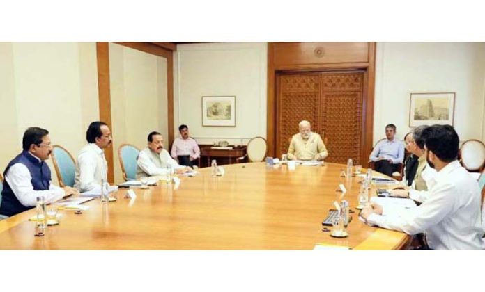 PM Narendra Modi chairing a high-level meeting to review India's Space missions, in the presence of MoS Space Dr Jitendra Singh and Chairman ISRO S.Somanath, at New Delhi on Tuesday.