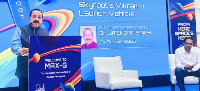 Union Minister Dr. Jitendra Singh speaking after visiting the new global headquarters of Skyroot Aerospace, a leading Space StartUp, at Hyderabad on Tuesday.