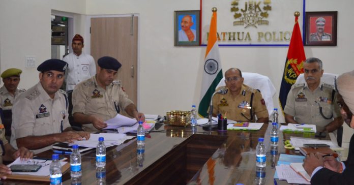 IGP Jammu, Anand Jain, chairing a meeting of the police officers in Kathua District on Monday.