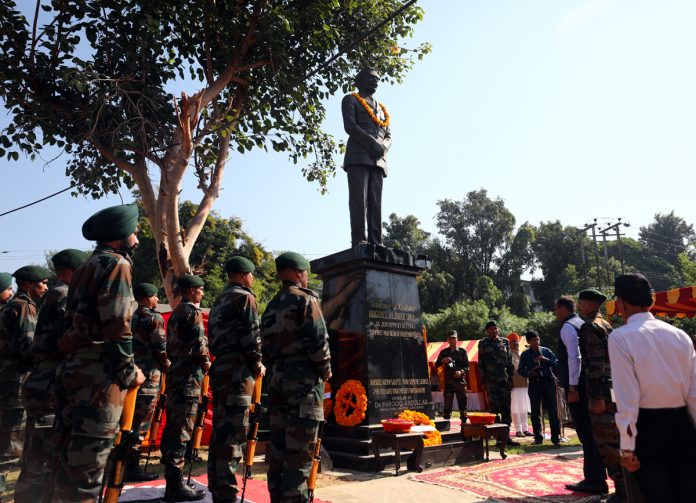 With full military honours, tribute being paid to Brig Rajinder Singh at his memorial in Jammu on Thursday.