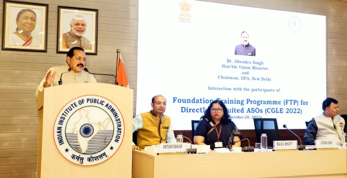 Union Minister Dr Jitendra Singh addressing the Assistant Section Officers (ASOs) undergoing a 9-week long Foundation Training Program at IIPA, New Delhi on Thursday.