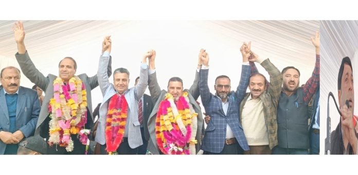 Apni Party leaders led by its president Altaf Bukhari during public meeting in Pampore area on Sunday.