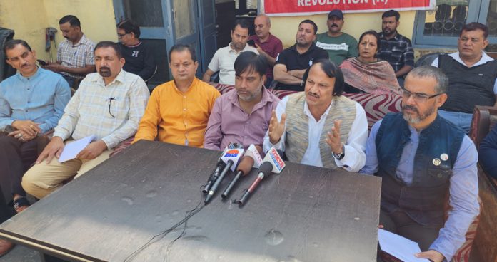 Leaders of J&K Govt Employees Joint Action Committee addressing a press conference at Jammu on Saturday. -Excelsior/Rakesh
