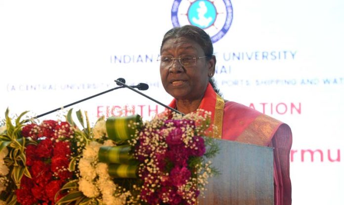 President Droupadi Murmu addressing the 8th convocation of Indian Maritime University in Chennai on Friday. (UNI)