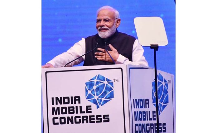 Prime Minister Narendra Modi addresses the India Mobile Congress 2023, in New Delhi on Friday. (UNI)