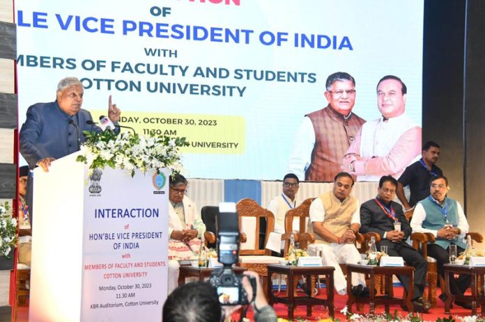 Vice President Jagdeep Dhankhar addressing the members of faculty and students of Cotton University in Guwahati on Monday. (UNI)