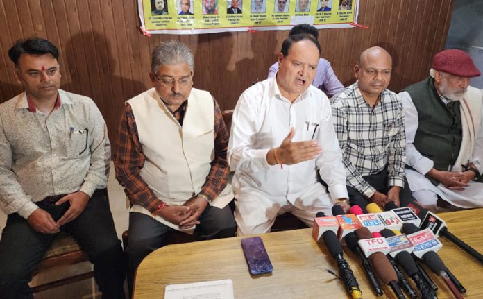 BTS members addressing a press conference at Jammu on Monday.