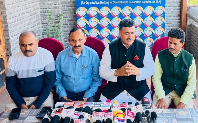 AJKPC president Anil Sharma speaking to media persons in Jammu on Monday.