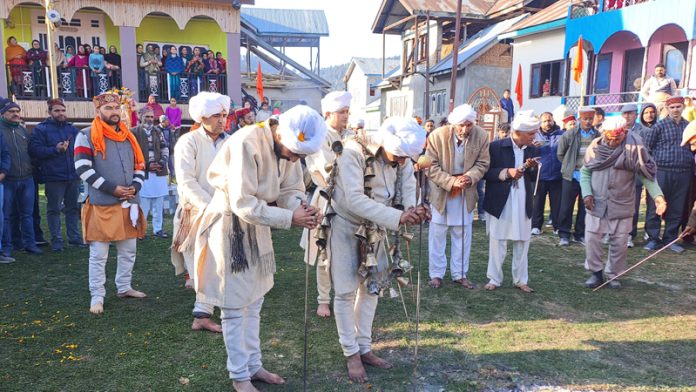 Locals performing during the final day of culmination of Nag festival in Bhaderwah on Monday. — Excelsior/Tilak Raj