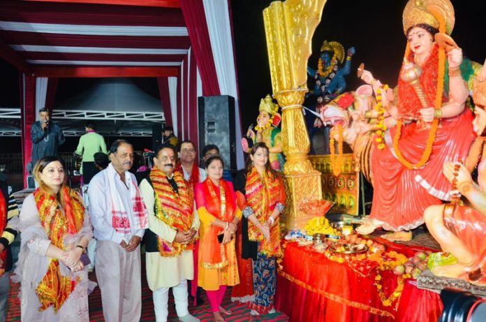 Dignitaries paying obeisance to Mata Vaishno Devi during Navratra Festival at Durga Bhawan in Katra on Thursday.