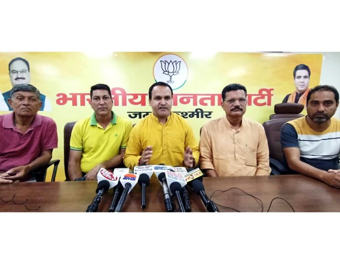 BJP OBC Morcha leaders at a press conference at Jammu on Thursday.