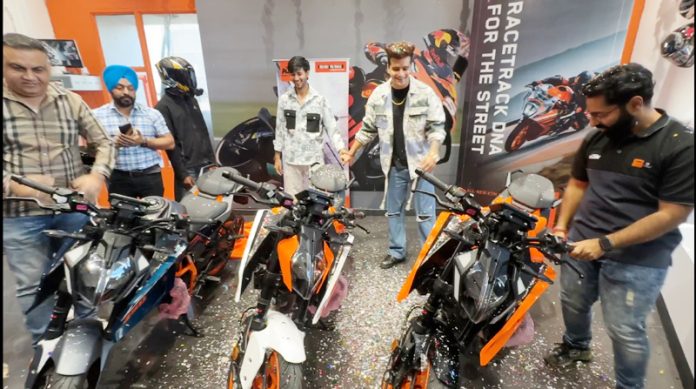 Biker lovers present during the launching event of KTM Duke 390 and 250 in Jammu on Saturday.