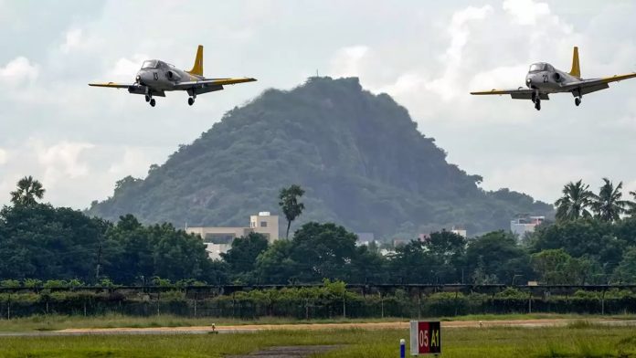 IAF aircrafts fly-past at the Air Force Station, Tambaram as part of the Platinum Jubilee celebrations of the Flying Instructors School, in Chennai.