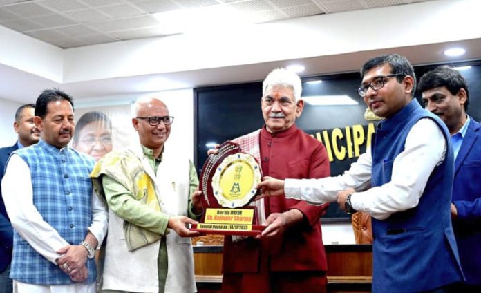 LG Manoj Sinha at the felicitation ceremony of Councillors at JMC on Tuesday.