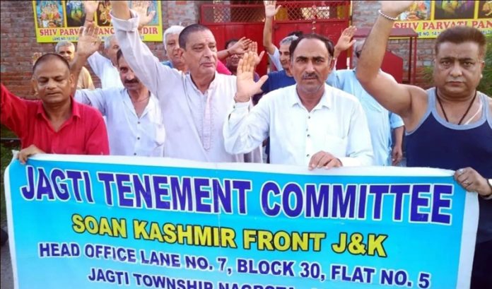 JTC members staging protest at Jammu on Monday.