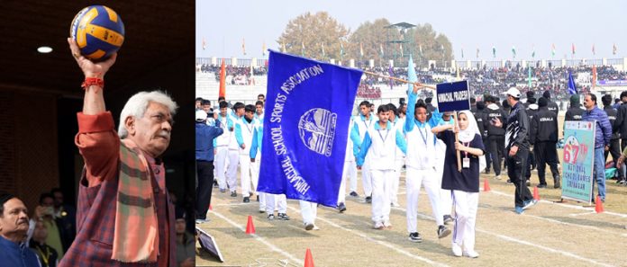 Lieutenant Governor, Manoj Sinha inaugurating 67th National School Games at Bakshi Stadium, Srinagar on Tuesday.
