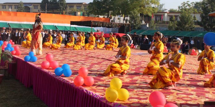 Students performing cultural items during 'Bal Mela' event in school.