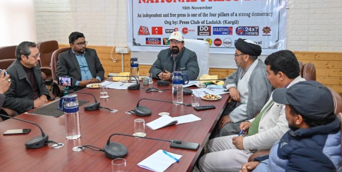 CEC, LAHDC, Kargil, Dr Jaffer Mohd Akhoon chairing a meeting on occasion of National Press Day on Thursday.