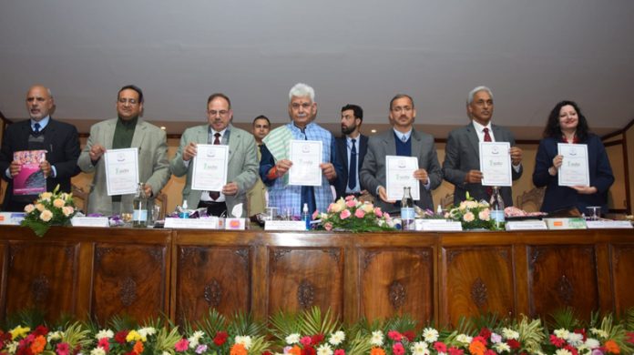 Lt Governor Manoj Sinha and other dignitaries during National Academia-Industry Conclave on the occasion of 18th Foundation day of IUST, Awantipora.